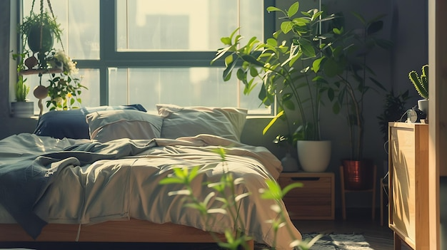 Спокойная, хорошо освещенная спальня с растениями и минималистской расстановкой мебели, воплощающей принципы фэн-шуй.