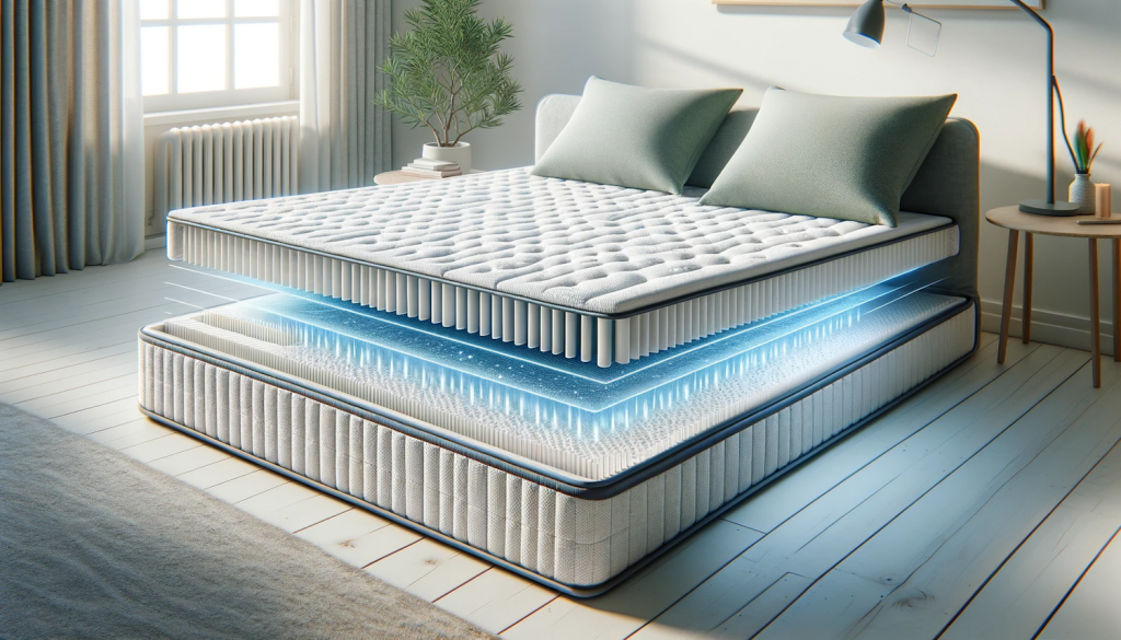 Покомпонентный вид охлаждающего матраса в современной спальне, на котором выделены его слои, предназначенные для регулирования температуры.