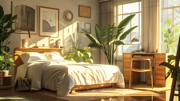 Спальня, оформленная по принципам фэн-шуй, с аккуратно расставленной мебелью, естественным освещением и комнатными растениями.