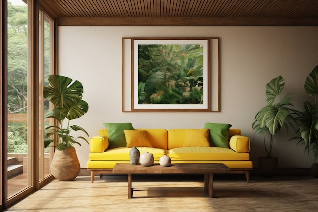 Ярко-желтый диван с зелеными подушками выделяется в стильной современной гостиной с большими окнами и лиственными растениями.
