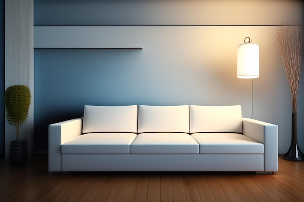 Изящный белый кожаный диван с минималистским декором, подчеркивающий роскошный и дорогой внешний вид современной гостиной.