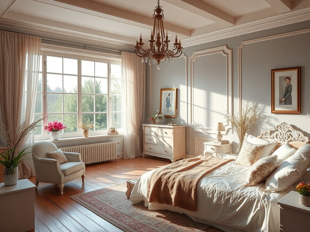 Светлая спальня с большими окнами, ковром, мебелью в легком стиле и уютной атмосферой.