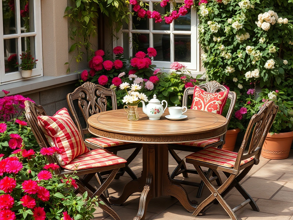 На столе с цветами стоит чайник, рядом четыре стула с подушками в уютном саду. Красивые цветы вокруг.
