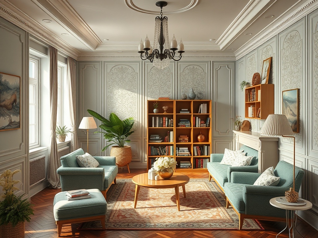 Современная гостиная с уютной мебелью, книжным шкафом и зелеными растениями. Теплый свет и стильный декор.