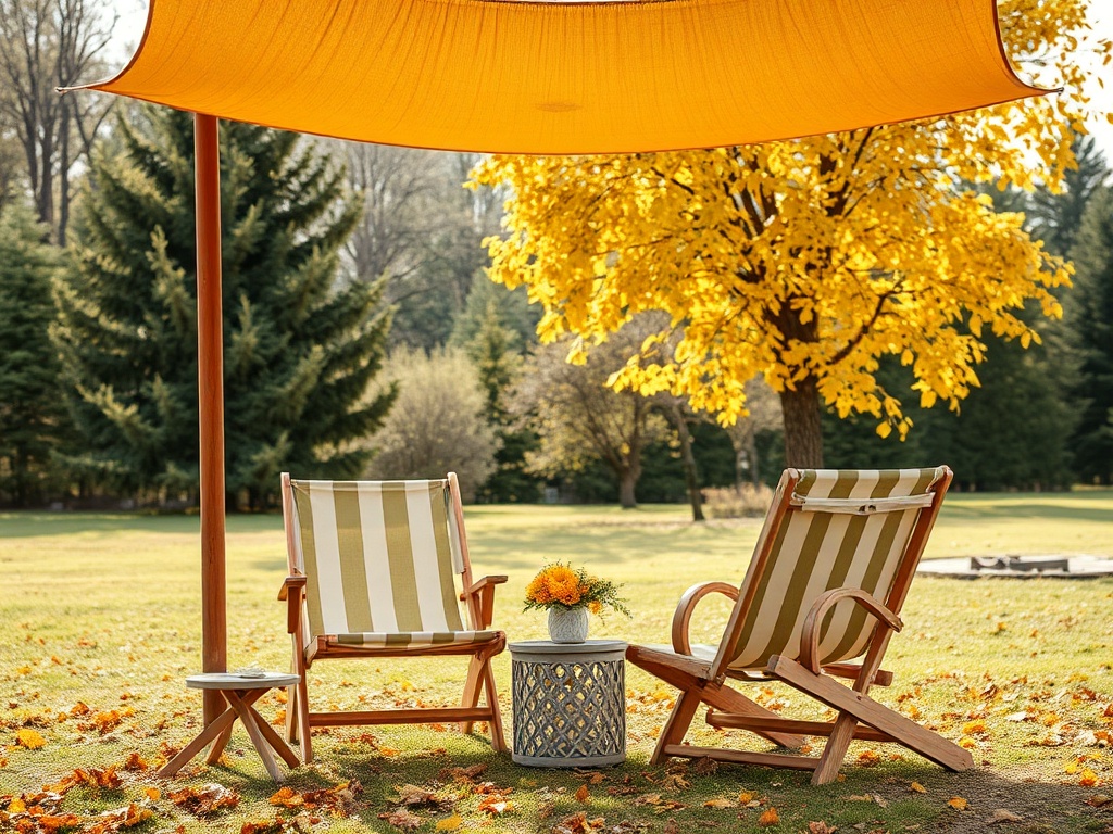 Два шезлонга под оранжевым навесом, рядом столик с цветами и желтыми листьями на траве. Солнечный осенний день.
