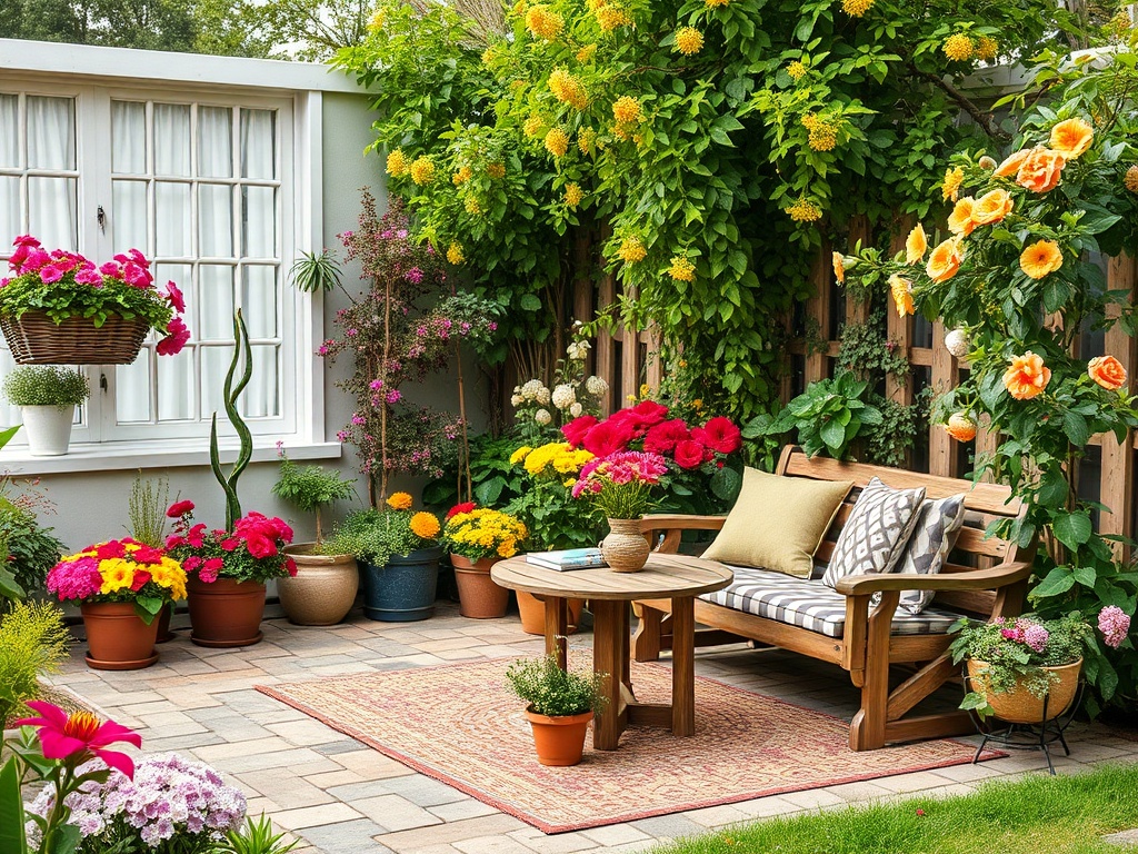 Уютный дворик с цветами, скамейкой и круглым столом, окруженный зелеными растениями и яркими горшками.