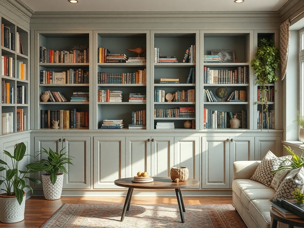 Современная гостиная с книжными полками, растениями и уютной мебелью. Теплая атмосфера и много книг.